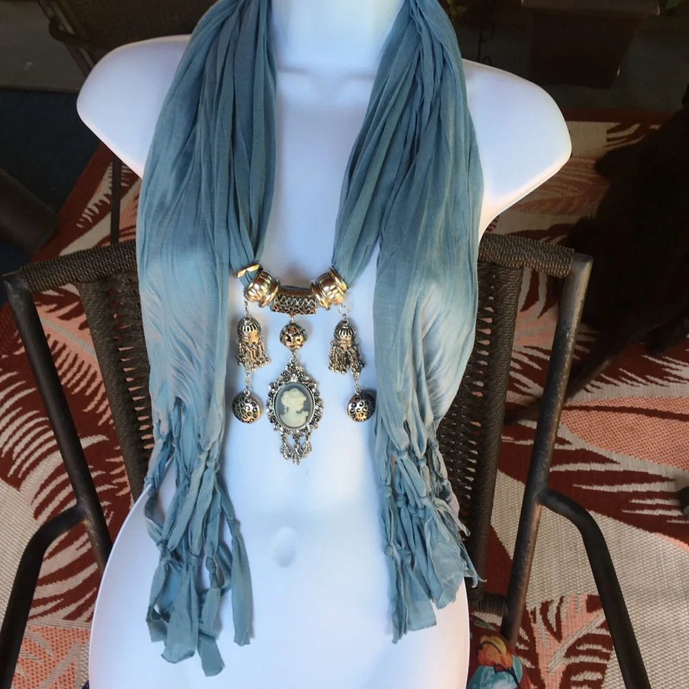 Blue Scarf with Cameo